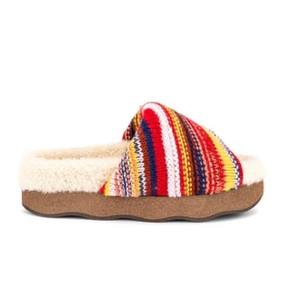 CHLOÉ Wavy Knit Shearling-Trim Slides